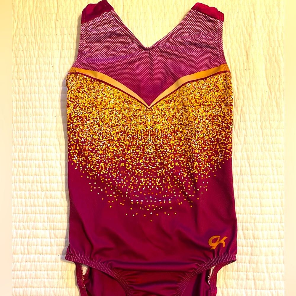Maroon and Gold glitter print GK gymnastics leotard sz Adult Small